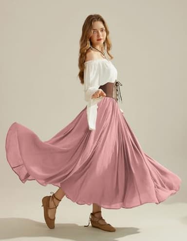 Women Elastic High Waist Swing Maxi Flowy Summer Long Skirt Dusty Rose M - Image 7