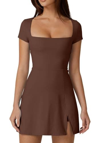 QINSEN Short Sleeve Athletic Dress for Women High Waist Side Slit Tennis Dress Built in Shorts Golf Active Dress Chestnut M - Image 1
