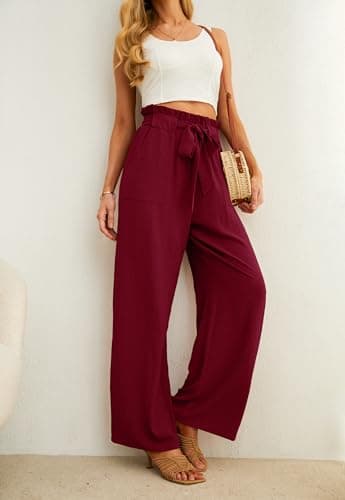 IWOLLENCE Women's Wide Leg Pants with Pockets High Waist Adjustable Knot Loose Casual Trousers Business Work Casual Pants Wine Red XX-Large - Image 3