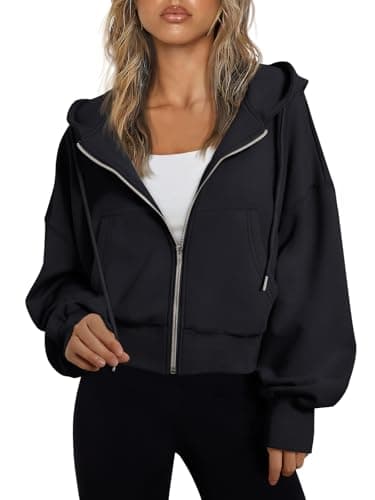 Trendy Queen Hoodies for Women Full Zip Up Cropped Sweatshirts Jackets Casual Comfy Gym Tops Fall Outfits Winter Clothes 2025 Cute Y2k Fleece Sweaters Teen Girls Pullover Black M - Image 1