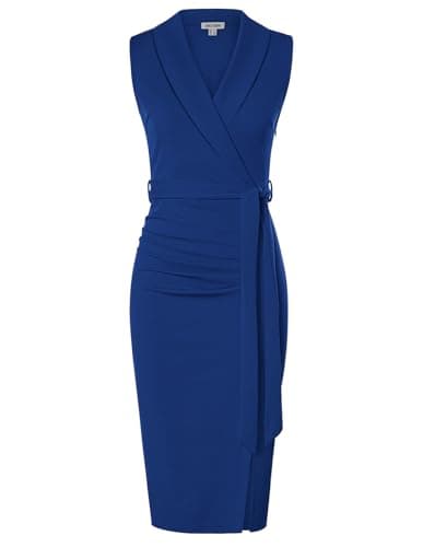GRACE KARIN Women's Wear to Work Sleeveless Ruched Bodycon Office Pencil Midi Dresses with Belt Royal Blue - Image 1