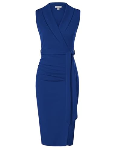 GRACE KARIN Women's Wear to Work Sleeveless Ruched Bodycon Office Pencil Midi Dresses with Belt Royal Blue - Image 1