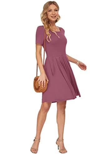 AUSELILY Women's Short Sleeve Summer Dress Pleated Loose Swing Knee Length Dresses with Pockets 2025 New Mauve S - Image 4