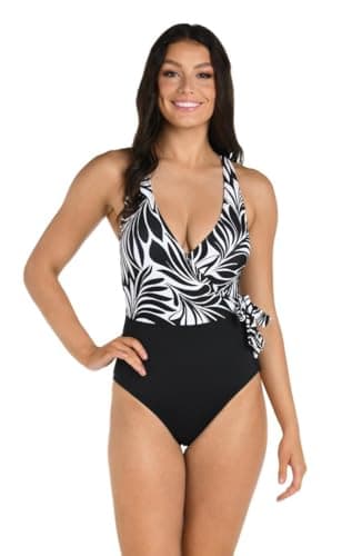 24th & Ocean Women's Standard Faux Wrap One Piece Swimsuit, Black//Floating Palms - Image 1