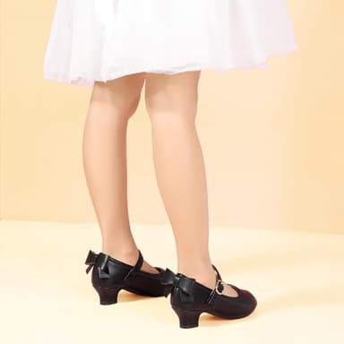 PANDANINJIA Girls Toddler/Little Kid Jada Dress Mary Jane Pumps with Heels Bow Party Wedding Princess Shoes (Black Pu, 12 M US Little Kid) - Image 5