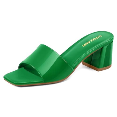 PIZZ ANNU Women's Simone Heels Sandals Low Block Chunky Heeled Sandal Open Toe Slip on Mules Casual Dress Pumps Mules Heel Shoes, Kelly Green Patent 10 - Image 1