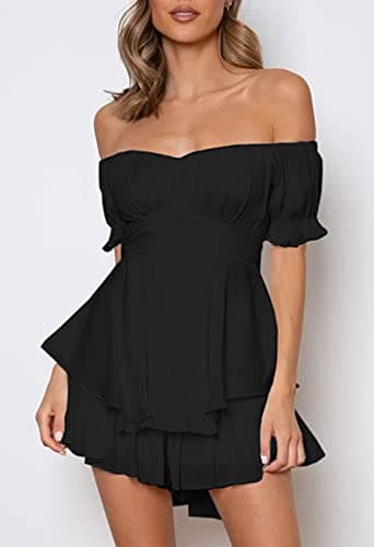 Fixmatti Women Summer Casual Slash Neck Short Sleeve Belted Chiffon One Piece Romper Shorts Black L - Image 7