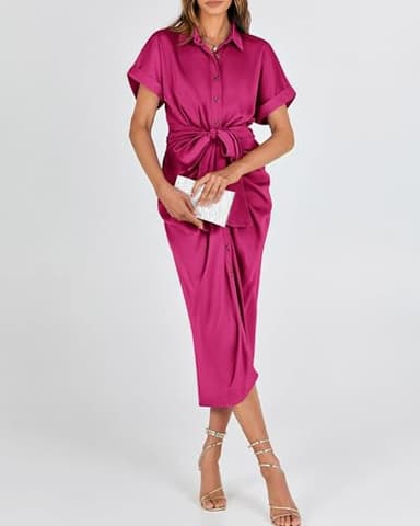 BTFBM Women Button Down Ruched Shirt Dresses Satin Short Sleeve Lapel V Neck Summer Maxi Dress 2025 Party Wedding Guest(Rose Red, Small) - Image 8
