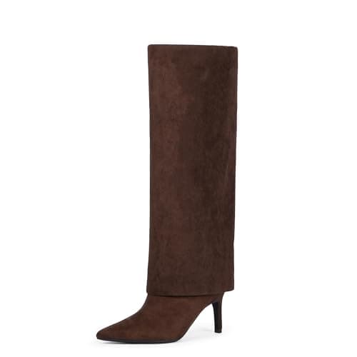 VIUGJNEX Chocolate Fold Over Knee High Boots Chocolate Boots for Women Knee High Boots Women Pointed Stiletto Heeled Tall Boots Size 7.5 - Image 1