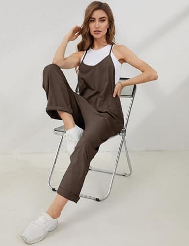 Lentta Women's Causal Jumpsuits V Neck Sleeveless Harem Overalls Stretchy Adjustable Strap Romper with Pockets(Coffee-L) - Image 6