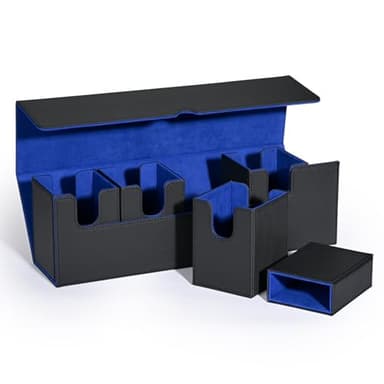 UAONO Card Deck Box with Dice Tray for MTG, 5 in 1 Card Deck Case Holds 800+ Unsleeved Cards, Strong Magnet Organizer Compatible with Yugioh TCG Sports Cards (Black Blue) - Image 1