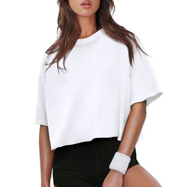 White Crop Tops Women's Summer Short Sleeve Drop Shoulder Cotton T-Shirts Workout Oversized Tops M - Image 3