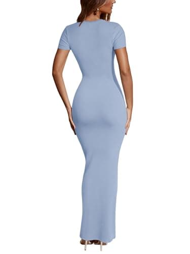 REORIA Womens Summer Ribbed Bodycon Maxi Dress Sqaure Neck Lace Sexy Casual Short Sleeve Tight Fitted Long Dresses Formal Blue X Small - Image 7