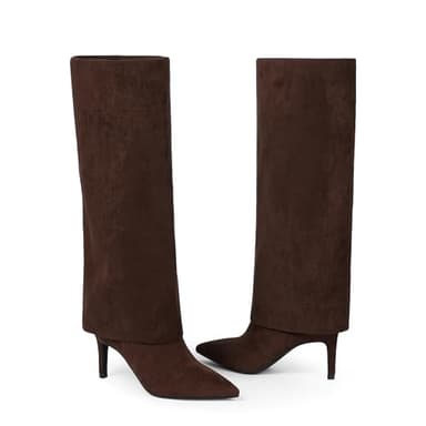 VIUGJNEX Chocolate Fold Over Knee High Boots Chocolate Boots for Women Knee High Boots Women Pointed Stiletto Heeled Tall Boots Size 7.5 - Image 2