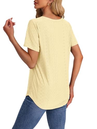 OFEEFAN Summer Tops for Women Trendy Loose Fit V Neck Curved Hem Long T Shirts Short Sleeve Ladies Tops and Blouses Summer Teacher Outfits for Women Clothes Yellow L - Image 5