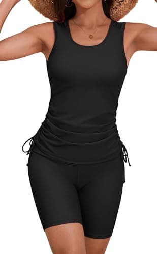 B2prity Tankini Swimsuits for Women Tummy Control Two Piece Bathing Suit Tank Top with Shorts Side Tie Swimwear Black - Image 1