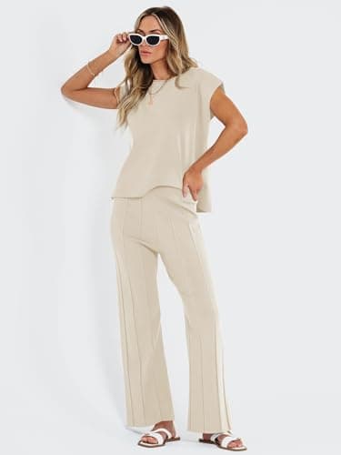 LILLUSORY 2 Piece Sets for Women Summer Vacation 2025 Lounge Outfits Matching Two Pcs Spring Knit Tracksuits Sweat Suits Beige L - Image 3