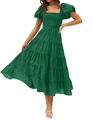 ZESICA Women's 2025 Summer Square Neck Short Puff Sleeve Solid Color High Waist Casual Smocked Flowy A Line Tiered Midi Dress,ForestGreen,X-Large - Image 1