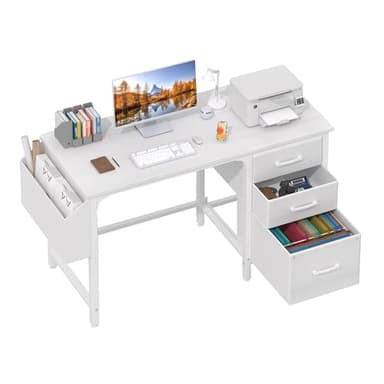 Lufeiya White Desk with Fabric File Drawers Cabinet, 47 Inch Reversible Computer Desk with Filing Cabinet for Bedroom Small Space Home Office, Modern Writing Table PC Desks, White - Image 1