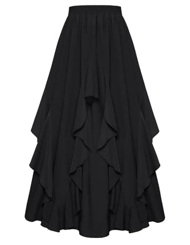 Women Summer Casual Long Skirt A Line Swing Ruffled Skirt with Pockets Black XL - Image 1