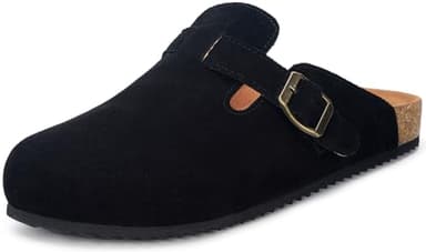Suede Leather Clogs for Womens Mens Slip on Mules Antislip Cork Sandals with Arch Support Black - Image 1