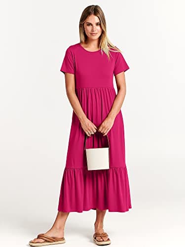 ANRABESS Womens 2025 Summer Casual Maxi Dress A line Tiered Flowy Short Sleeve Crewneck T Shirt Beach Travel Long Dresses Medium Rose - Image 2