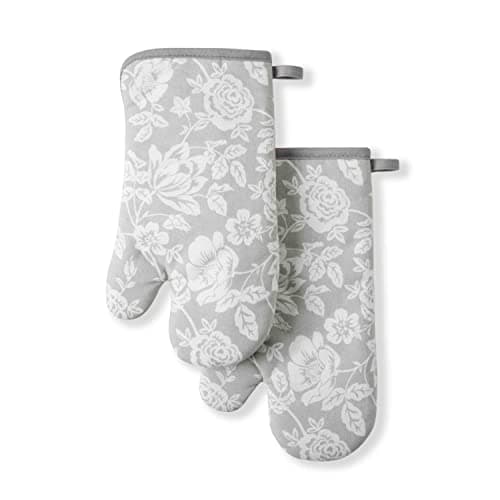 Martha Stewart Floral Vine Oven Mitt 2-Pack Set, Grey, 7"x13" - Image 1