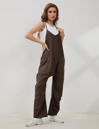 Lentta Women's Causal Jumpsuits V Neck Sleeveless Harem Overalls Stretchy Adjustable Strap Romper with Pockets(Coffee-L) - Image 5