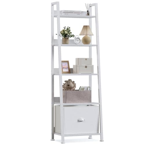 Furologee 5-Tier White Ladder Shelf, Ladder Bookshelf with Removable Drawer, Mordern Bookcase Storage Rack Organizer, Wood Metal Freestanding Storage Shelves for Living Room, Home Office, Bedroom - Image 1