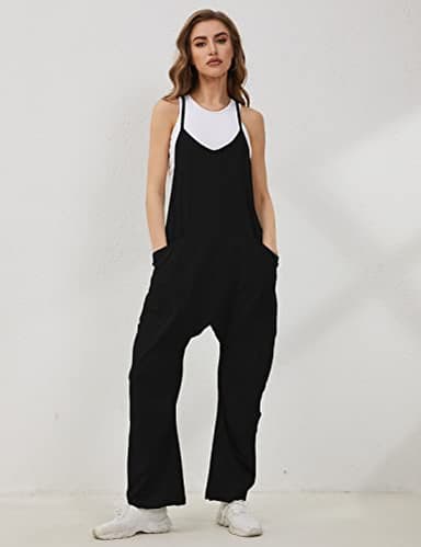 Lentta Women's Causal Jumpsuits V Neck Sleeveless Harem Overalls Stretchy Adjustable Strap Romper with Pockets(Black-L) - Image 4