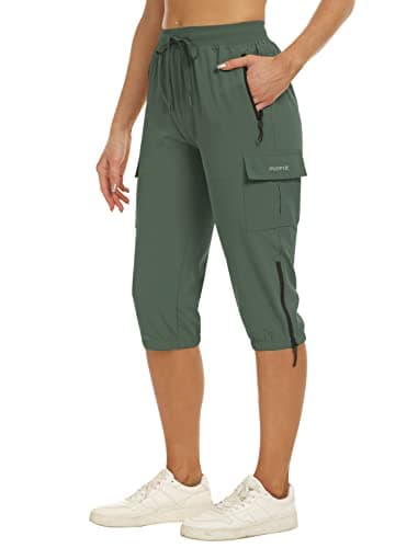 MoFiz Capris for Women Cargo Hiking Pants Lightweight Quick Dry Running Summer Athletic Workout Casual Outdoor Zipper with Pockets Army Green XL - Image 2