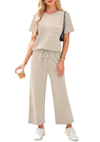WIHOLL 2 Piece Sets for Women Summer Vacation Airport Cruise Travel Outfits for Airplane 2025 Matching Clothing Trendy Resort Wear Comfy Loungewear Petite Lounge Sets Beige L - Image 2