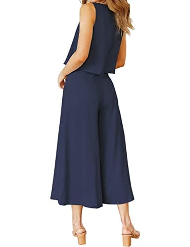 ROYLAMP Women's Summer 2 Piece Outfits Round neck Crop Basic Top Cropped Wide Leg pants Set Jumpsuits Navy Blue M - Image 3