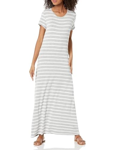 Amazon Essentials Women's Short-Sleeve Maxi Dress, Flowy, Grey Heather French Stripe, Large - Image 1