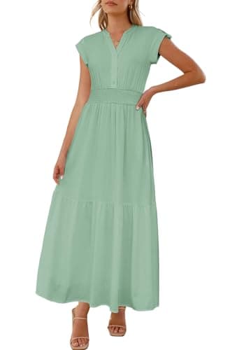 LUXVEER Women Summer Maxi Dress 2025 Cap Sleeve V Neck Button Casual Loose Ruffle Tiered A-Line Wedding Guest Dress Long Flowy Beach Vacation Sundress Green L - Image 1
