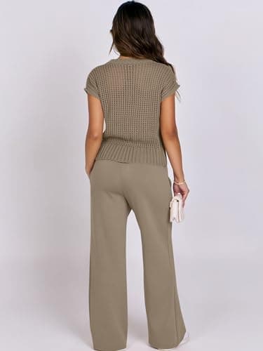 ANRABESS Women Two Piece Outfits Crochet Sheer Knit Sweater Top Wide Leg Pants Lounge Matching Sets Sweatsuit Travel Clothes Light Brown Large - Image 3