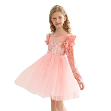 Girl Tulle Dresses Big Girls Velvet Tutu Fall Winter Long Sleeve Ruffle Holiday Party Dress Pink - Image 3