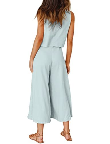 ROYLAMP Women's Summer 2 Piece Outfits Round neck Crop Basic Top Cropped Wide Leg pants Set Jumpsuits Light Cyan S - Image 3