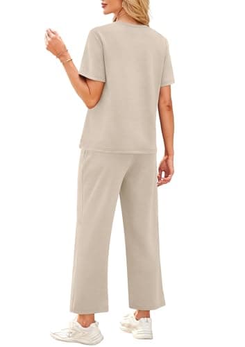 WIHOLL 2 Piece Sets for Women Summer Vacation Airport Cruise Travel Outfits for Airplane 2025 Matching Clothing Trendy Resort Wear Comfy Loungewear Petite Lounge Sets Beige L - Image 5
