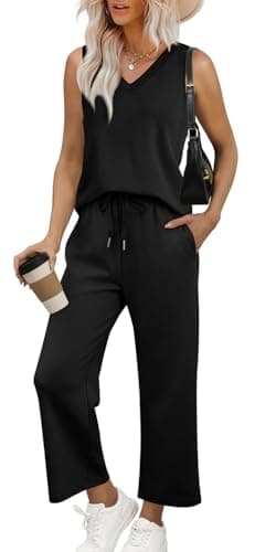 WIHOLL Two Piece Sets for Women Dressy Fashion V Neck Clothing Wide Leg Pants Travel Outfits Cruise Outfits for Women 2025 Black M - Image 1