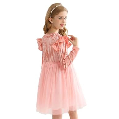 Girl Tulle Dresses Big Girls Velvet Tutu Fall Winter Long Sleeve Ruffle Holiday Party Dress Pink - Image 4