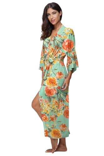 Women's Floral Long Robes Modal Long Kimono Robes Full Length Dressing Gown Soft Sleepwear - Image 3