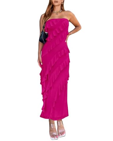 BTFBM Women Summer Elegant Strapless Midi Ruched Bodycon Dress Solid Color Stretch Mesh Slim Party Cocktail Dresses - Image 1