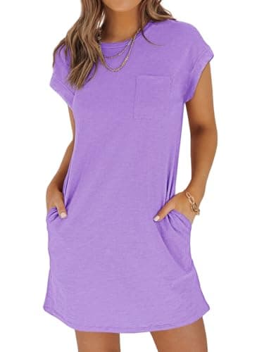 Wenrine Women's Summer T Shirt Dress Casual Short Sleeve Crewneck Loose Fit Mini Dresses with Pockets Light Purple - Image 1