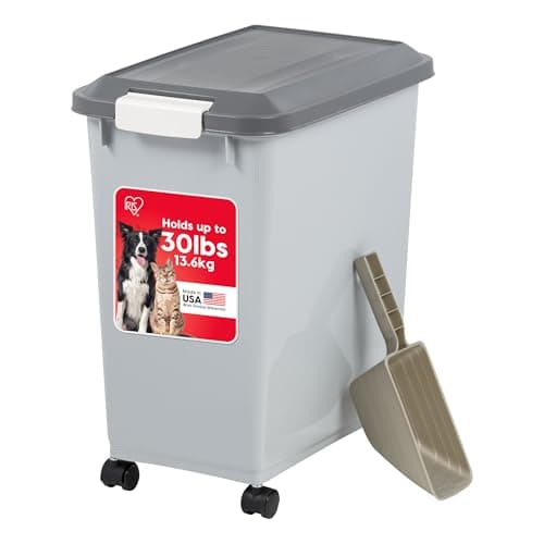 IRIS USA Dog Food Storage Container with Wheels, Airtight Lid, 2-Cup Scoop, Up to 30 Pounds Pet Food Storage, Built in Scoop Storage in Lid, Versatile Pet Food Bin, Portable, BPA Free, Gray/Dark Gray - Image 1