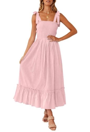 ZESICA Women's 2025 Summer Boho Spaghetti Strap Square Neck Solid Color Ruffle A Line Beach Long Maxi Dress,Pink,Medium - Image 1