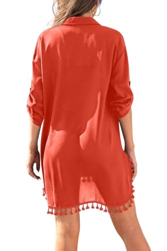 Yincro Women Swimsuit Cover Up Shirt 2025 Tassel Beach Bathing Suit for Swimwear Bikini Dress(Red, M) - Image 3