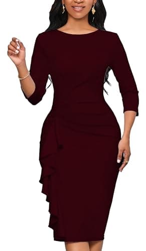 Yajedo Womens Bodycon Cocktail Ruffle 3/4 Sleeve Work Business Knee Length Sheath Dress(Burgundy X-Large) - Image 2