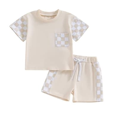Karwuiio Toddler Baby Boy Summer Outfit Short Sleeve T-Shirt Tops Elastic Waist Shorts Set Baby Boys Clothes(Khaki,2-3 Years) - Image 1