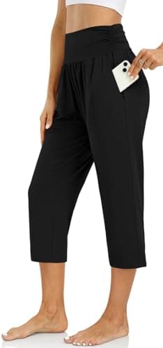 UEU Women's High Waist Capri Casual Summer Wide Leg Yoga Pants Comfy Lounge Capris Sweatpants with Pockets - Image 2